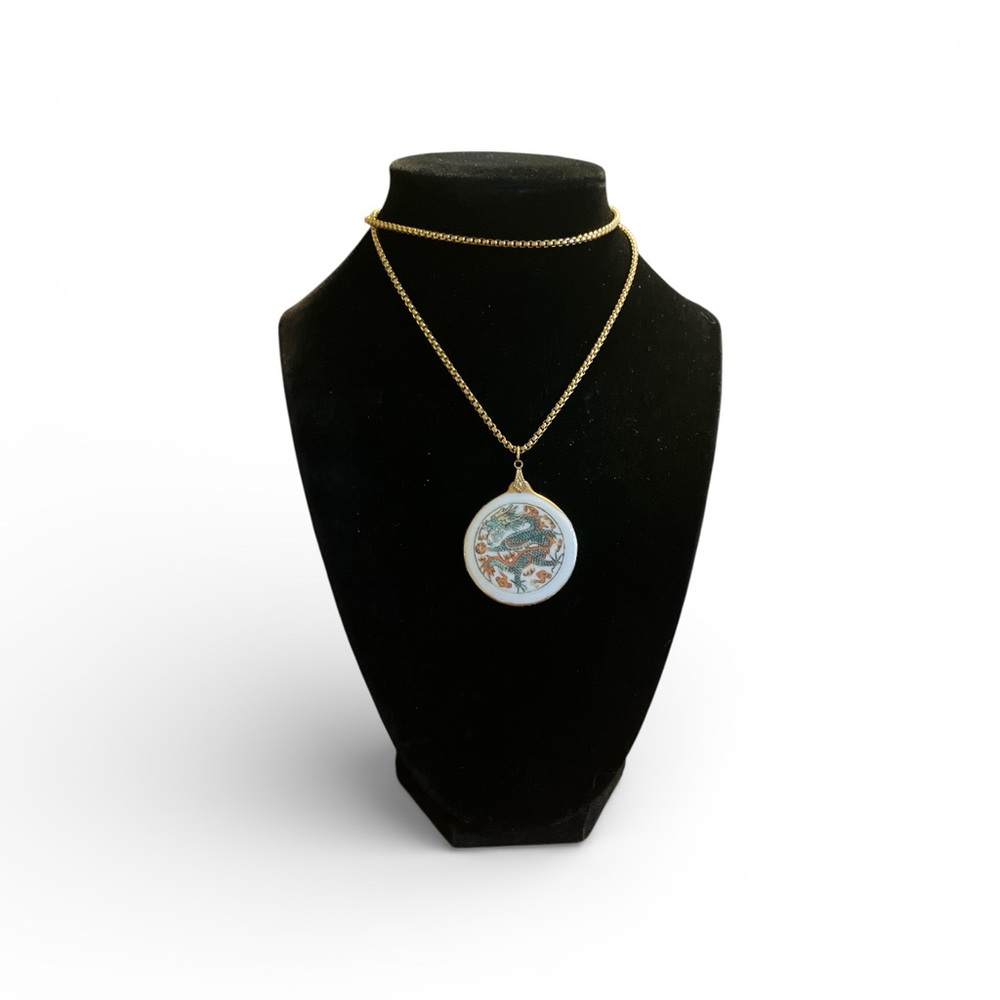 Ceramic Dragon Pendant Necklace with Gold Tone 24” Box Chain